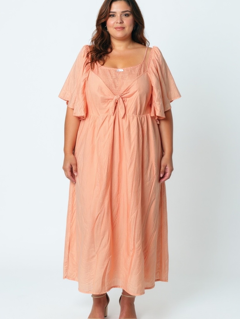 Peach Tie-Front Maxi Dress size 4XL  with ruffle sleeve